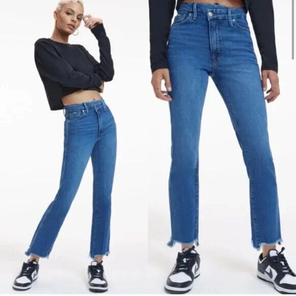 Good American Jeans Size 10 90s Straight Crossover High Waist Raw Hem Jeans
